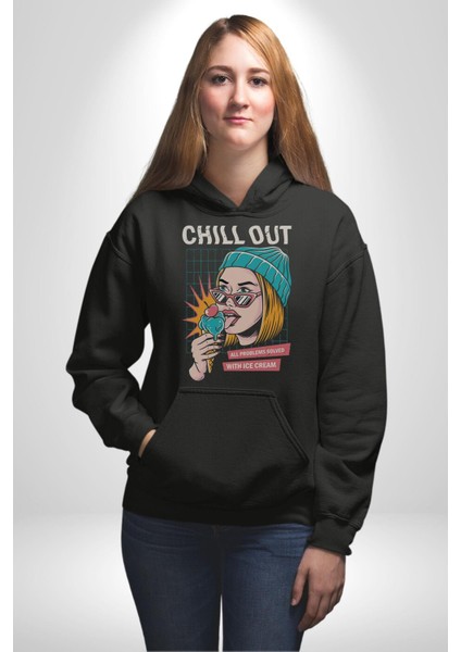 Sakin Ol Tüm Sorunlar Çözüldü Dondurma Ile Erkek Kadın Siyah Dijital Baskılı Kapüşonlu Sweatshirt Hoodie modelleri