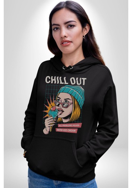 Sakin Ol Tüm Sorunlar Çözüldü Dondurma Ile Erkek Kadın Siyah Dijital Baskılı Kapüşonlu Sweatshirt Hoodie indirimleri