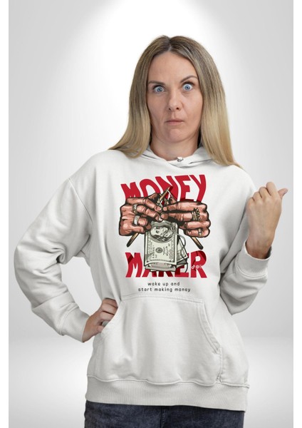 Uyan ve Para Kazanmaya Başla Sokak Style Erkek Kadın Beyaz Dijital Baskılı Kapüşonlu Sweatshirt Hoodie