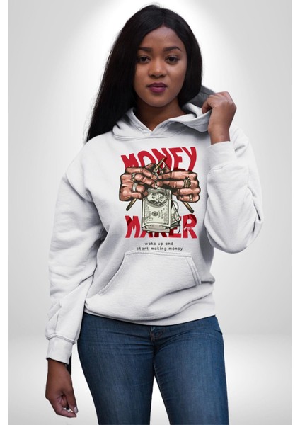 Uyan ve Para Kazanmaya Başla Sokak Style Erkek Kadın Beyaz Dijital Baskılı Kapüşonlu Sweatshirt Hoodie