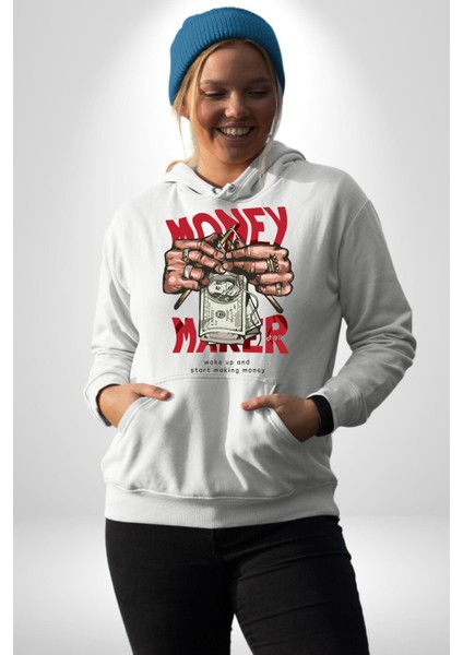 Uyan ve Para Kazanmaya Başla Sokak Style Erkek Kadın Beyaz Dijital Baskılı Kapüşonlu Sweatshirt Hoodie
