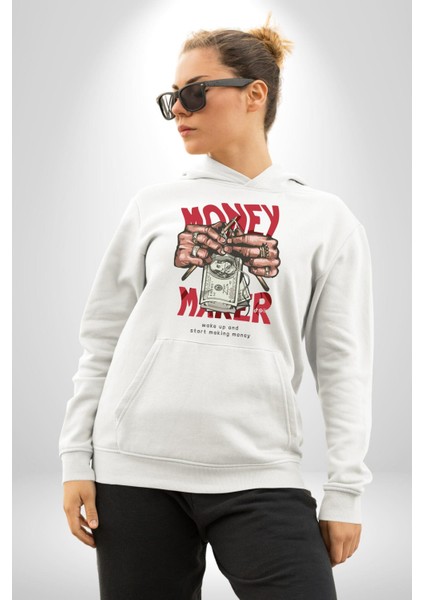 Uyan ve Para Kazanmaya Başla Sokak Style Erkek Kadın Beyaz Dijital Baskılı Kapüşonlu Sweatshirt Hoodie