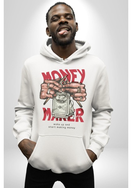 Uyan ve Para Kazanmaya Başla Sokak Style Erkek Kadın Beyaz Dijital Baskılı Kapüşonlu Sweatshirt Hoodie