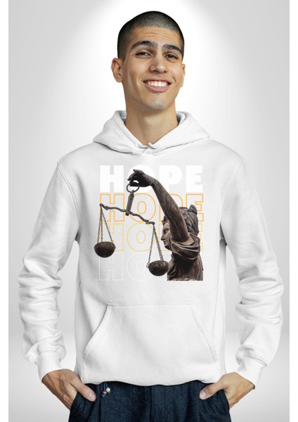 Adelet Terazi Umut Erkek Kadın Beyaz Dijital Baskılı Kapüşonlu Sweatshirt Hoodie