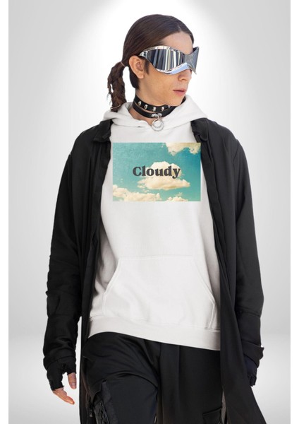 Pisikolojim Bulutlu Erkek Kadın Beyaz Dijital Baskılı Kapüşonlu Sweatshirt Hoodie