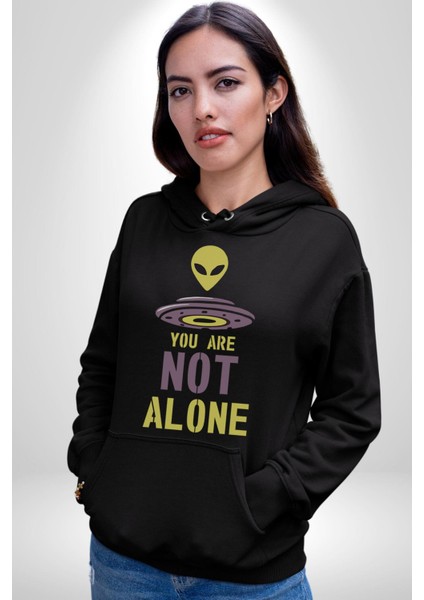Uzaylı Yalnız Değiliz Ufo Erkek Kadın Siyah Dijital Baskılı Kapüşonlu Sweatshirt Hoodie indirimleri