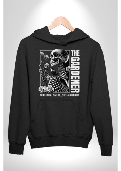 Iskelet Aşkı Kuş Kırk Kalp ve Kuru Çiçekler Erkek Kadın Siyah Dijital Baskılı Kapüşonlu Sweatshirt Hoodie