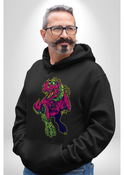Cyberrex Neon ve Futuristik Dinozor Grafik Erkek Kadın Siyah Dijital Baskılı Kapüşonlu Sweatshirt Hoodie
