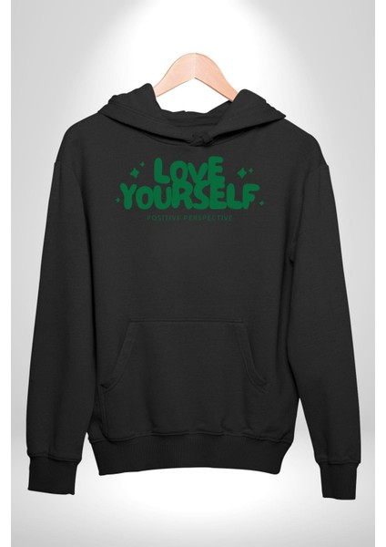 Sev Kendini Olumlu Bakış Açısı Yazılı Erkek Kadın Siyah Dijital Baskılı Kapüşonlu Sweatshirt Hoodie
