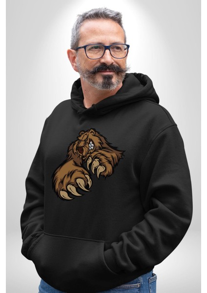 Öfkeli Ayı Pençesi - Güç ve Yırtıcılık Teması Erkek Kadın Siyah Dijital Baskılı Kapüşonlu Sweatshirt Hoodie fiyatları