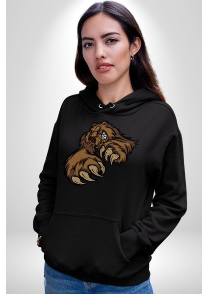 Öfkeli Ayı Pençesi - Güç ve Yırtıcılık Teması Erkek Kadın Siyah Dijital Baskılı Kapüşonlu Sweatshirt Hoodie modelleri