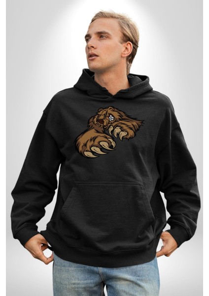 Öfkeli Ayı Pençesi - Güç ve Yırtıcılık Teması Erkek Kadın Siyah Dijital Baskılı Kapüşonlu Sweatshirt Hoodie fırsatları