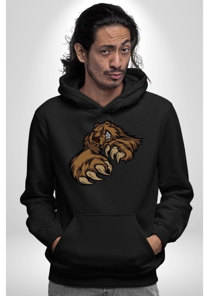 Öfkeli Ayı Pençesi - Güç ve Yırtıcılık Teması Erkek Kadın Siyah Dijital Baskılı Kapüşonlu Sweatshirt Hoodie indirimleri