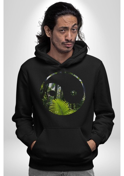 Doğa Silueti Erkek Kadın Siyah Dijital Baskılı Kapüşonlu Sweatshirt Hoodie