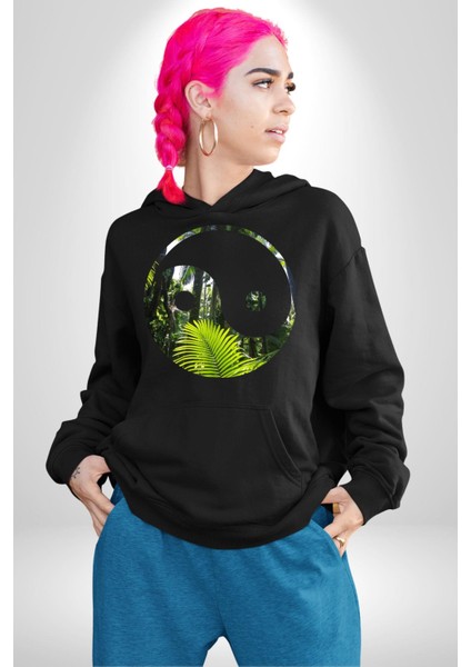 Doğa Silueti Erkek Kadın Siyah Dijital Baskılı Kapüşonlu Sweatshirt Hoodie fırsatları