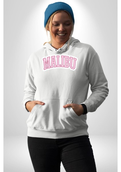Malibu California Pembe Erkek Kadın Beyaz Dijital Baskılı Kapüşonlu Sweatshirt Hoodie