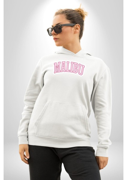 Malibu California Pembe Erkek Kadın Beyaz Dijital Baskılı Kapüşonlu Sweatshirt Hoodie fiyatları