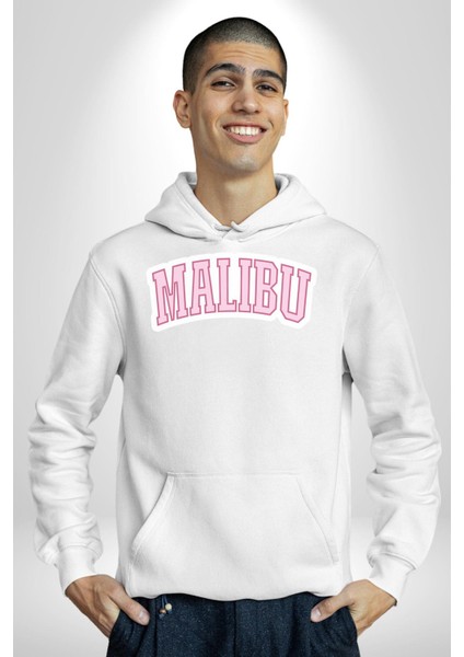 Malibu California Pembe Erkek Kadın Beyaz Dijital Baskılı Kapüşonlu Sweatshirt Hoodie fırsatları