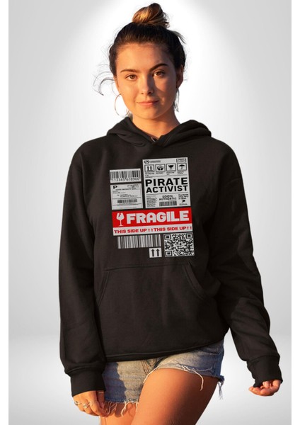 Korsan Aktivist Kırılgan Insan Kargo Erkek Kadın Siyah Dijital Baskılı Kapüşonlu Sweatshirt Hoodie