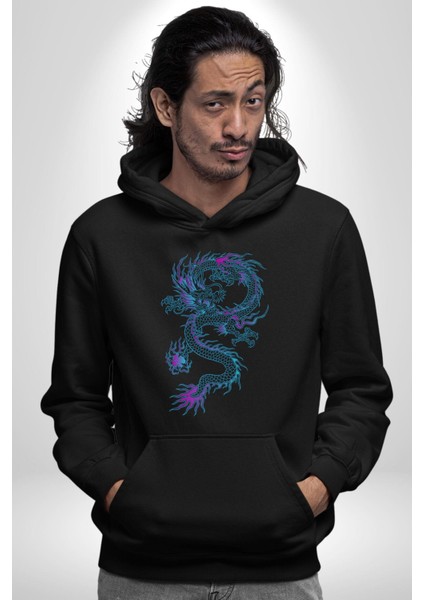Çin Sitili Ejderha Bereket Tanrısı Erkek Kadın Siyah Dijital Baskılı Kapüşonlu Sweatshirt Hoodie fiyatları