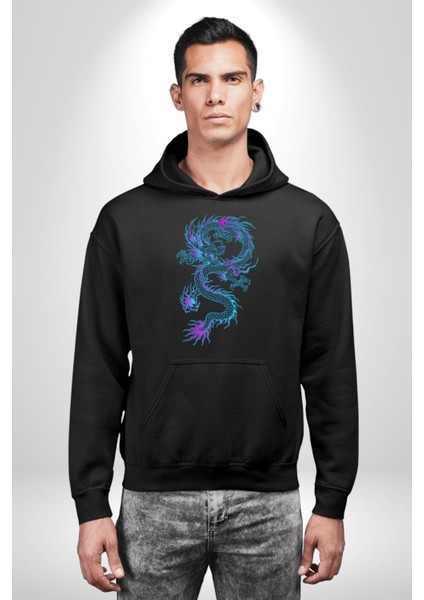 Çin Sitili Ejderha Bereket Tanrısı Erkek Kadın Siyah Dijital Baskılı Kapüşonlu Sweatshirt Hoodie indirimleri