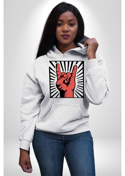 Rock On El Işareti Metal Horns Sembolü Erkek Kadın Beyaz Dijital Baskılı Kapüşonlu Sweatshirt Hoodie