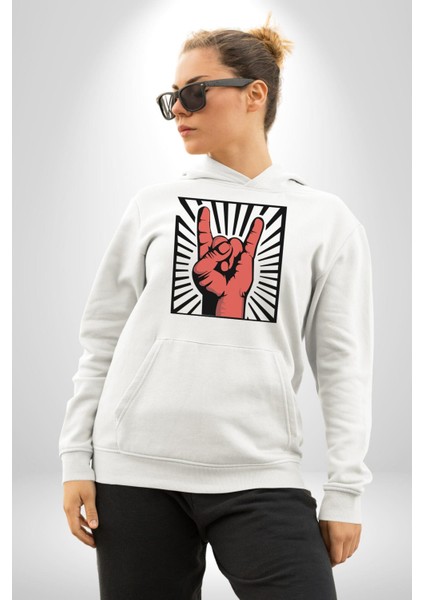 Rock On El Işareti Metal Horns Sembolü Erkek Kadın Beyaz Dijital Baskılı Kapüşonlu Sweatshirt Hoodie modelleri