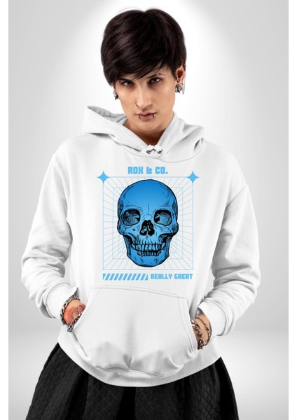 Sokak Sitili Kurukafa Erkek Kadın Beyaz Dijital Baskılı Kapüşonlu Sweatshirt Hoodie