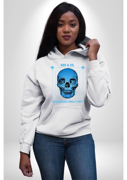 Sokak Sitili Kurukafa Erkek Kadın Beyaz Dijital Baskılı Kapüşonlu Sweatshirt Hoodie indirimleri