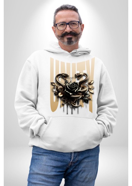 Yapay Zeka Gül Yılan Altın Siyah Gül 3D Erkek Kadın Beyaz Dijital Baskılı Kapüşonlu Sweatshirt Hoodie