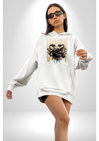 Yapay Zeka Gül Yılan Altın Siyah Gül 3D Erkek Kadın Beyaz Dijital Baskılı Kapüşonlu Sweatshirt Hoodie