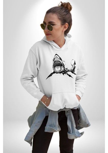 Dövme Shark Okyanus Köpekbalığı Erkek Kadın Beyaz Dijital Baskılı Kapüşonlu Sweatshirt Hoodie fiyatları
