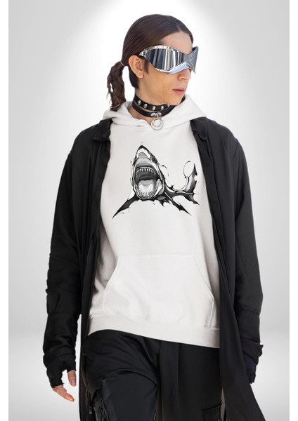 Dövme Shark Okyanus Köpekbalığı Erkek Kadın Beyaz Dijital Baskılı Kapüşonlu Sweatshirt Hoodie fırsatları
