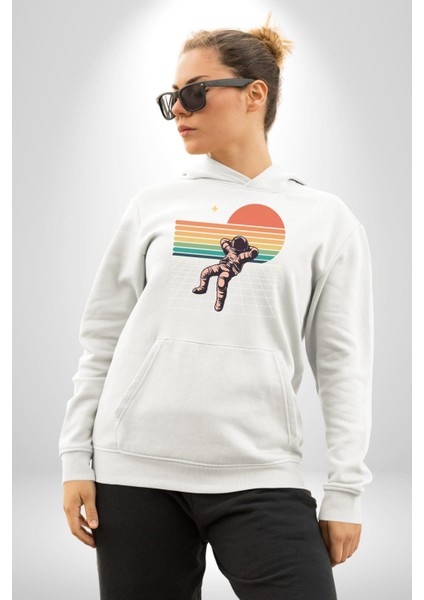 Uzay Adamı Tasarımı Erkek Kadın Beyaz Dijital Baskılı Kapüşonlu Sweatshirt Hoodie