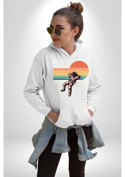 Uzay Adamı Tasarımı Erkek Kadın Beyaz Dijital Baskılı Kapüşonlu Sweatshirt Hoodie fırsatları