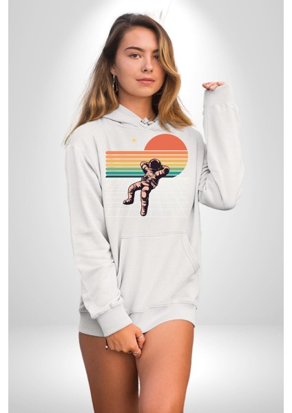 Uzay Adamı Tasarımı Erkek Kadın Beyaz Dijital Baskılı Kapüşonlu Sweatshirt Hoodie indirimleri