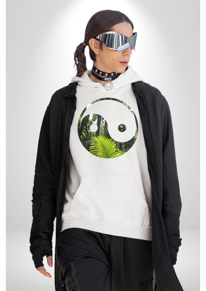 Doğa Silueti Erkek Kadın Beyaz Dijital Baskılı Kapüşonlu Sweatshirt Hoodie indirimleri