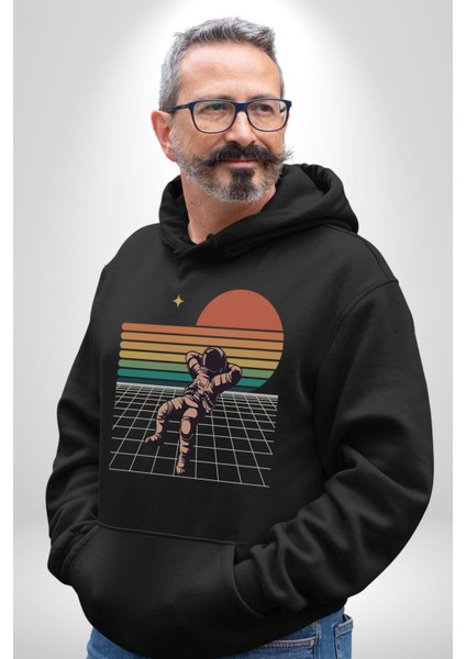 Uzay Adamı Tasarımı Erkek Kadın Siyah Dijital Baskılı Kapüşonlu Sweatshirt Hoodie indirimleri