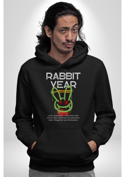 Tavşan Sokak Stili Giyim Erkek Kadın Siyah Dijital Baskılı Kapüşonlu Sweatshirt Hoodie