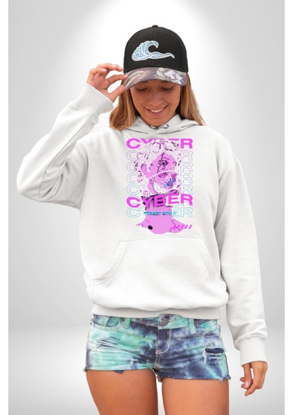 Siber Sokak Stili Erkek Kadın Beyaz Dijital Baskılı Kapüşonlu Sweatshirt Hoodie