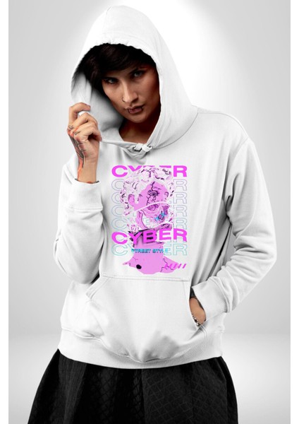 Siber Sokak Stili Erkek Kadın Beyaz Dijital Baskılı Kapüşonlu Sweatshirt Hoodie fırsatları