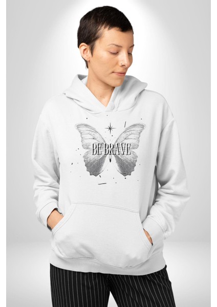 Kelebekler Gibi Cesur Ol Erkek Kadın Beyaz Dijital Baskılı Kapüşonlu Sweatshirt Hoodie