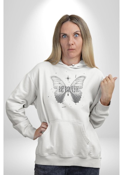 Kelebekler Gibi Cesur Ol Erkek Kadın Beyaz Dijital Baskılı Kapüşonlu Sweatshirt Hoodie fiyatları