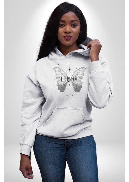 Kelebekler Gibi Cesur Ol Erkek Kadın Beyaz Dijital Baskılı Kapüşonlu Sweatshirt Hoodie modelleri