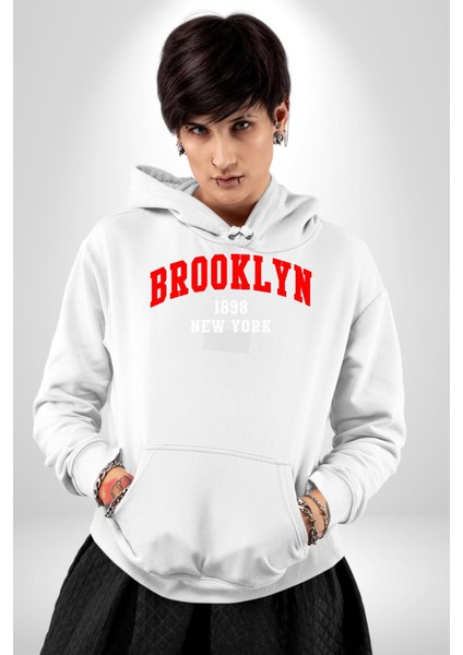 Brooklyn Kırmızı Erkek Kadın Beyaz Dijital Baskılı Kapüşonlu Sweatshirt Hoodie fiyatları