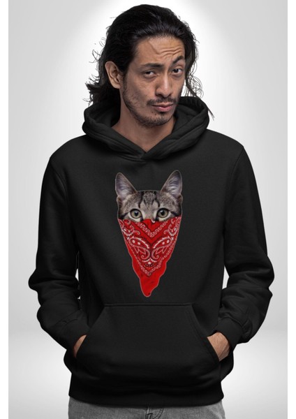 Maske Gangester Kedi Erkek Kadın Siyah Dijital Baskılı Kapüşonlu Sweatshirt Hoodie