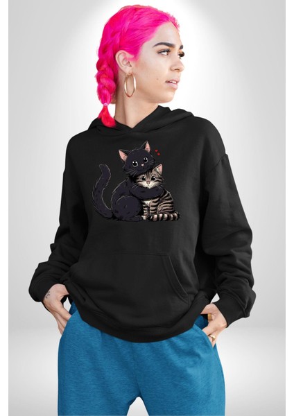 Gül Tasarım Wardiere Erkek Kadın Siyah Dijital Baskılı Kapüşonlu Sweatshirt Hoodie indirimleri