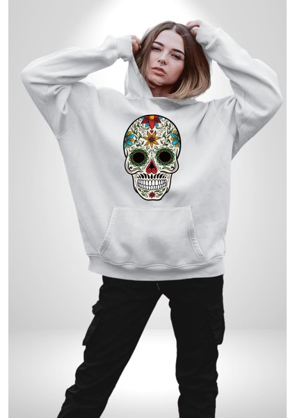 Dia De Los Muertos Erkek Kadın Beyaz Dijital Baskılı Kapüşonlu Sweatshirt Hoodie