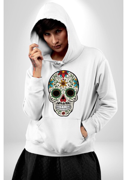 Dia De Los Muertos Erkek Kadın Beyaz Dijital Baskılı Kapüşonlu Sweatshirt Hoodie fiyatları