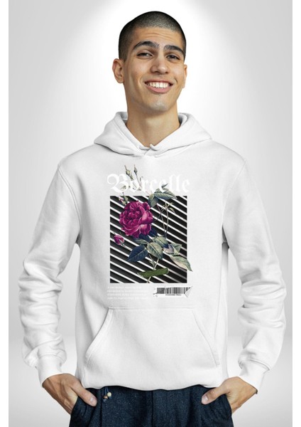 Kırmızı Gül Sokak Style Erkek Kadın Beyaz Dijital Baskılı Kapüşonlu Sweatshirt Hoodie indirimleri